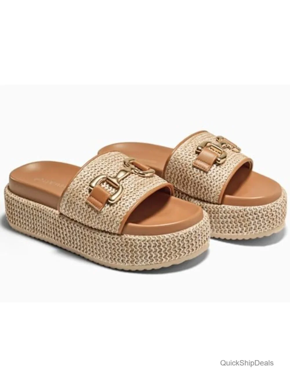 Raffia Platform Sandals with Metal Chain - Slip On Espadrilles